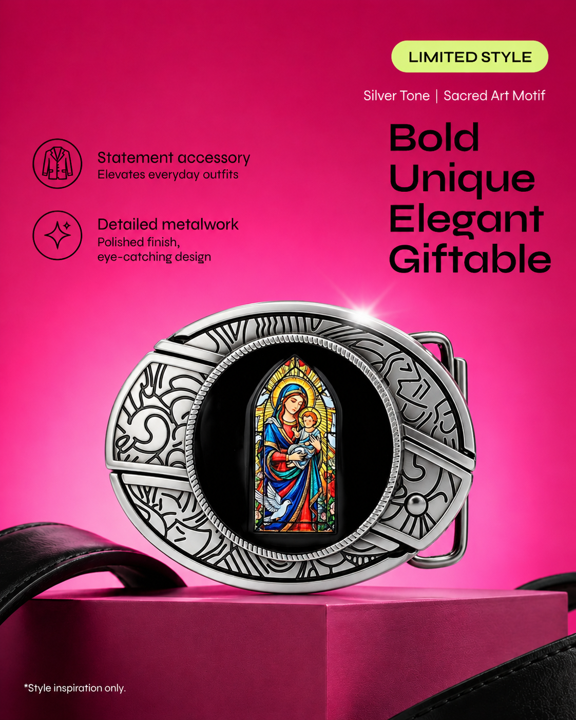 Stained Glass Madonna Knife Belt Buckle