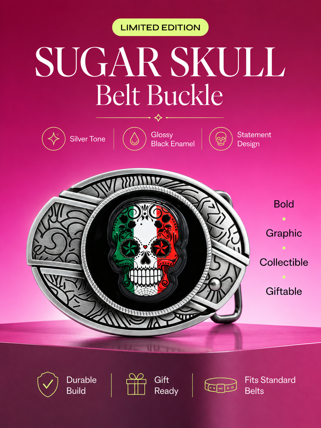 Sugar Skull Knife Belt Buckle