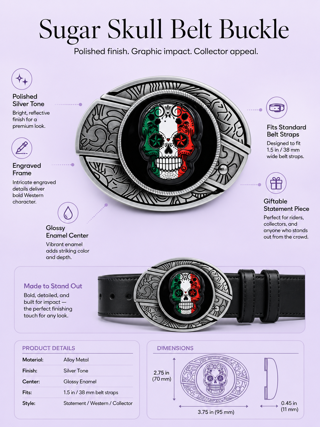 Sugar Skull Knife Belt Buckle