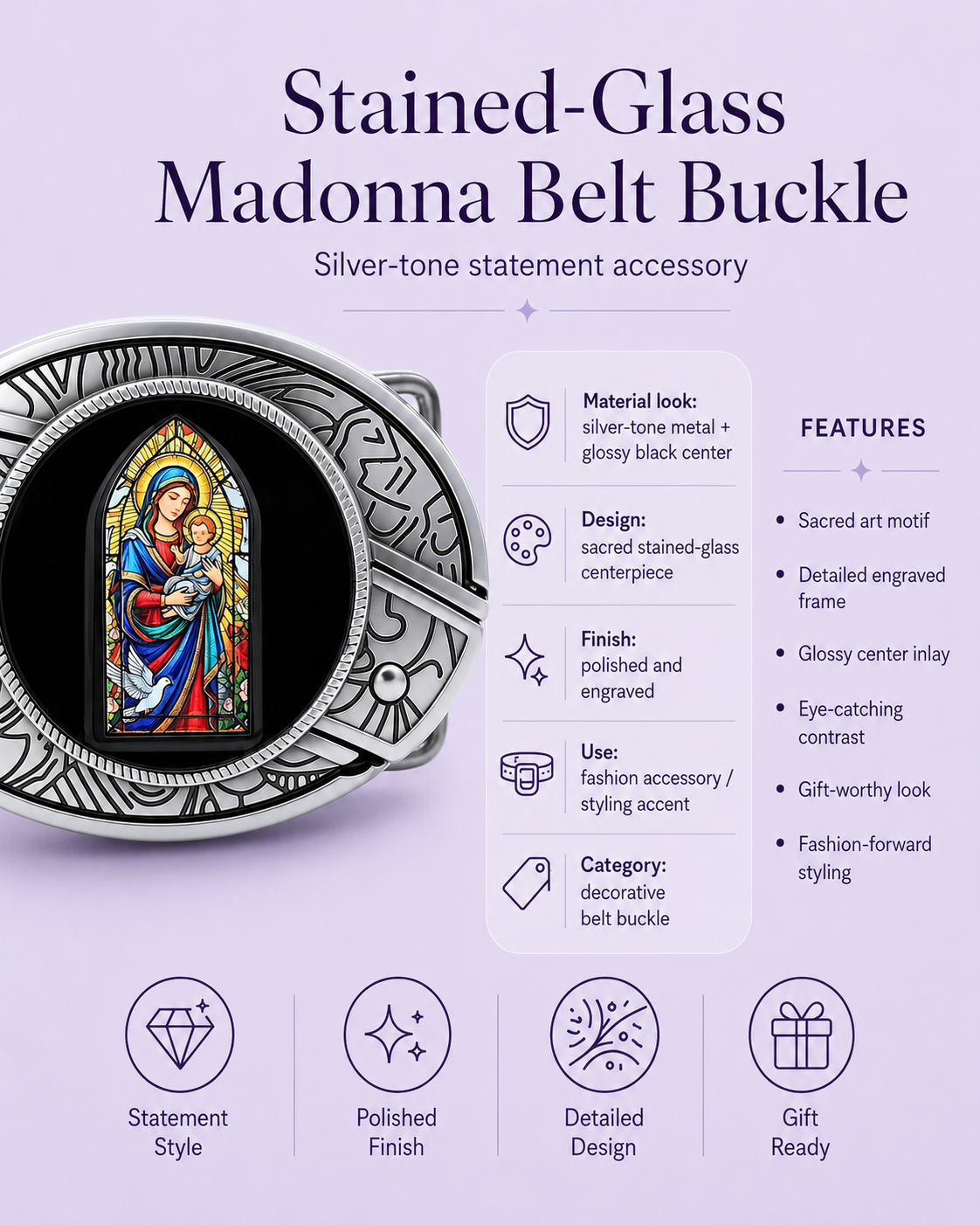 Stained Glass Madonna Knife Belt Buckle