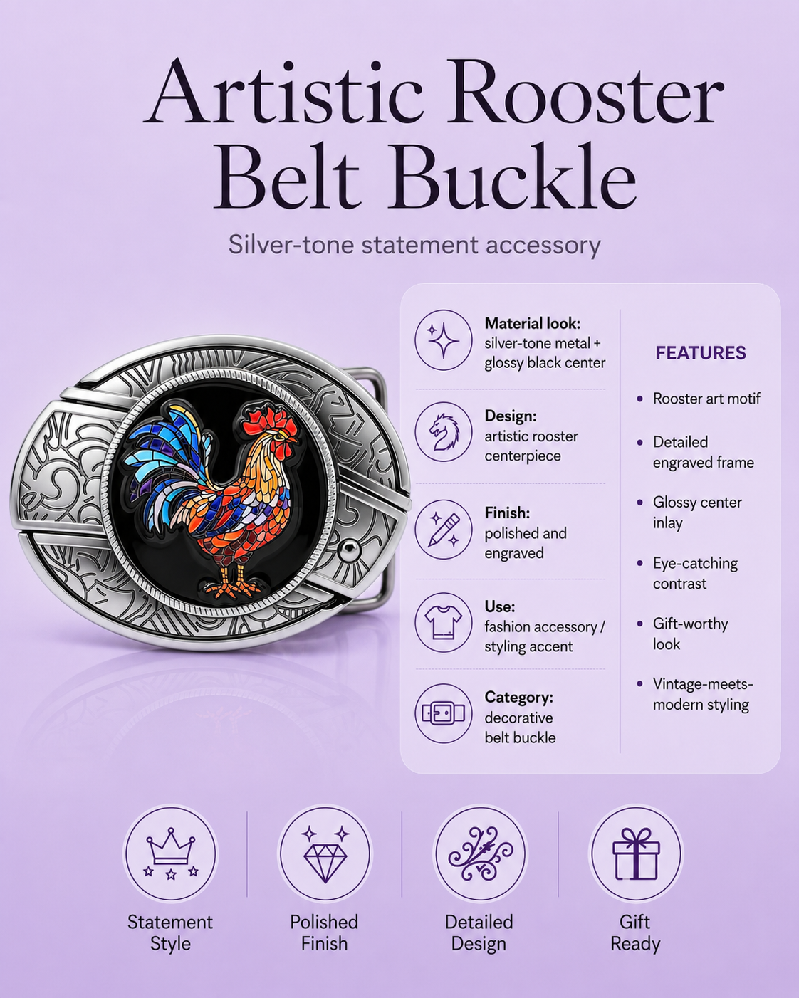 Artistic Rooster Knife Belt Buckle